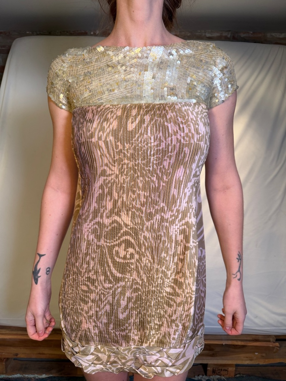 Pollini Pink and Gold Sequin Yoke Mini Dress